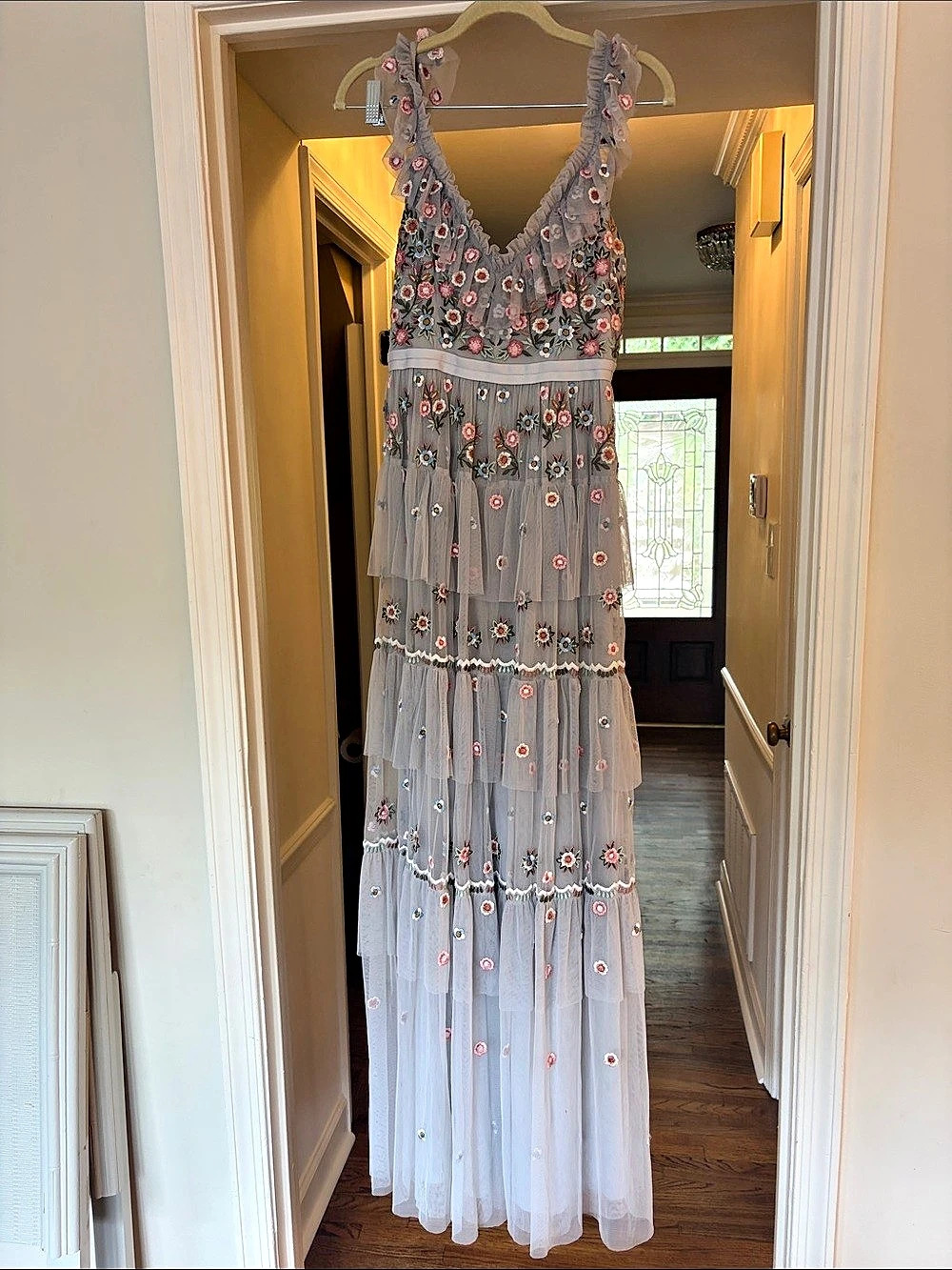 needle & thread Primrose Gown Floral Embroidered Maxi Gray & Pink US 6